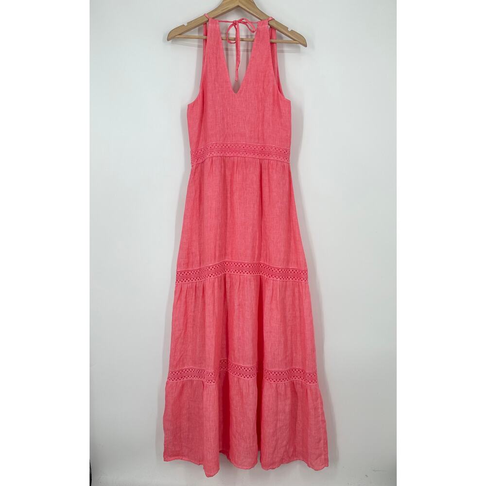 120% Lino Resort Linen Tiered Halter Maxi Dress Crochet Sleeveless, Coral Pink - Picture 7 of 14